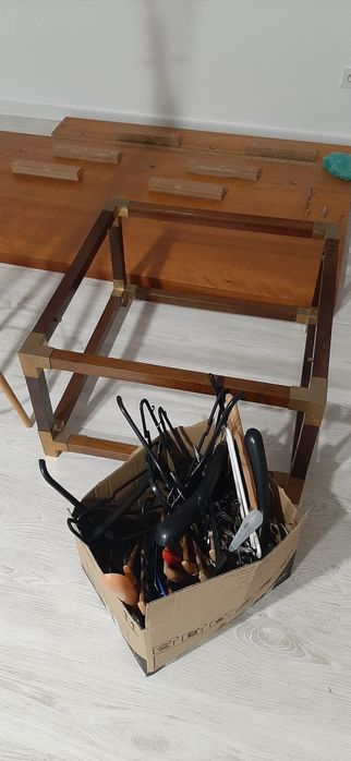 Solid wood table with glass panels
