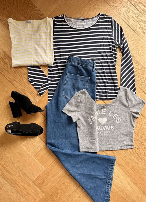 Dzwony jeansy z szeroką nogawką H&M 2 bluzki i top L