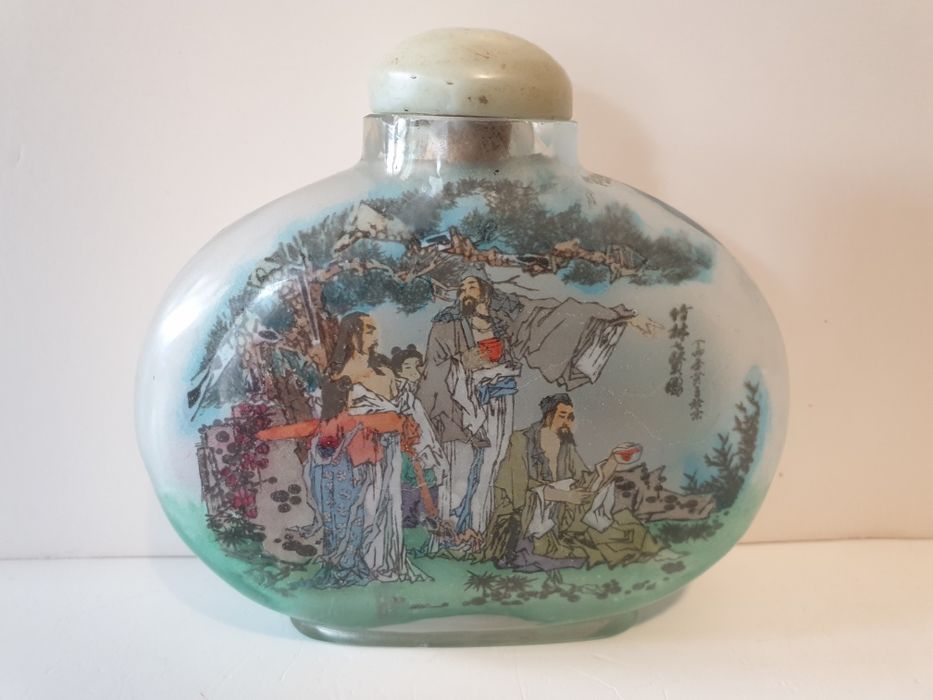 Snuff bottle-frasco de rapé asiático em vidro com pintura reversa