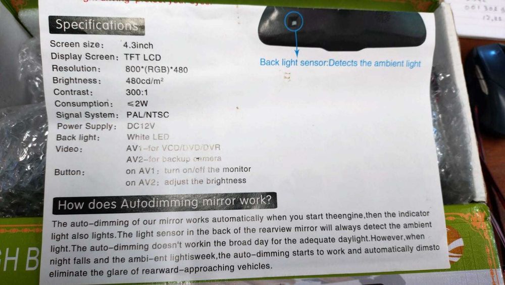 Retrovisor Automóvel c/ LCD para camara de MT