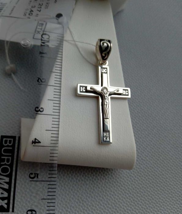 Серебряный крестик с черной эмалью Спаси и Сохрани срібний хрест