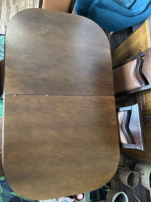 Komplet stół drewniany i 6 krzeseł skóra naturalna