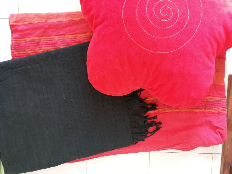 Colchas e almofada preto e vermelho