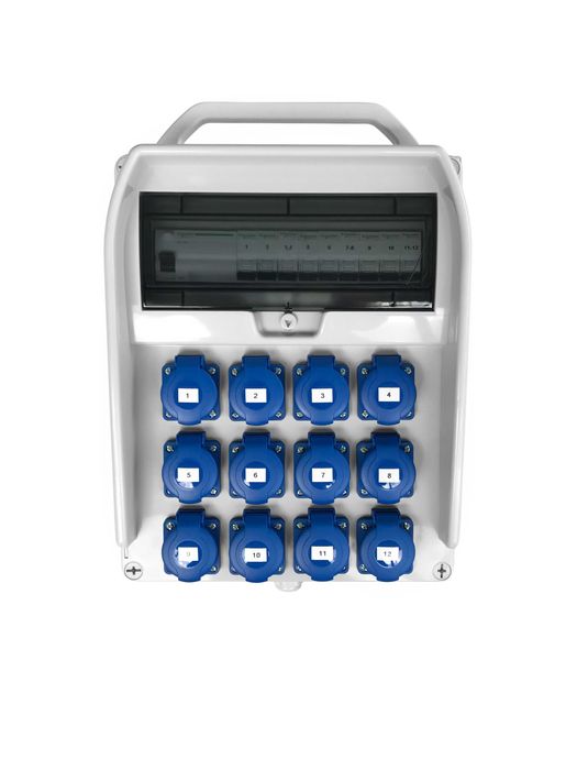 Skrzynka elektryczna przenośna z uchwytem, gniazda 12x16A 230V, gotowa