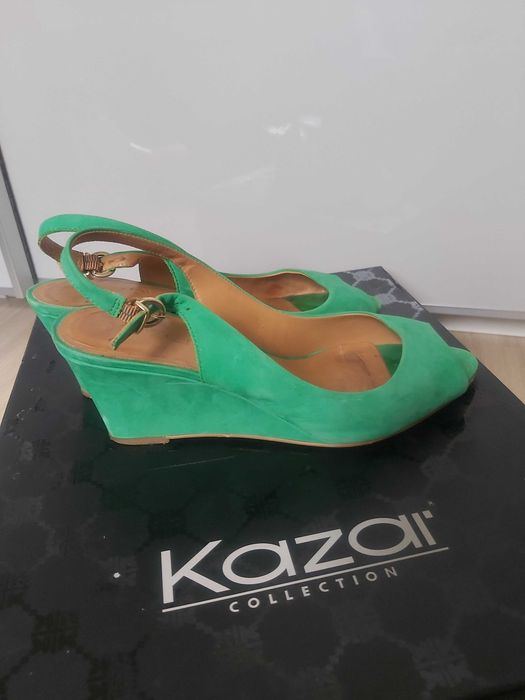 KAZAR JAK NOWE sandaly buty 38 zielone skóra koturn