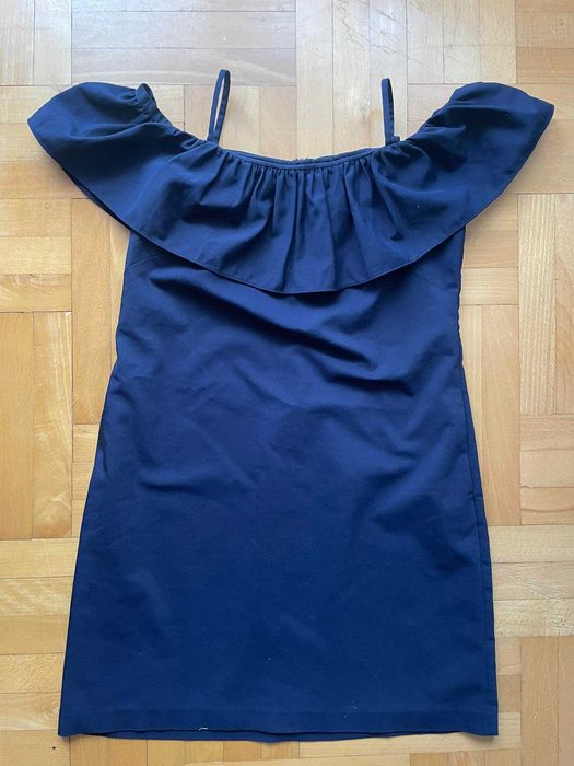 Granatowa sukienka Ralph Lauren offshoulder falbanka rozm 42 elegancka