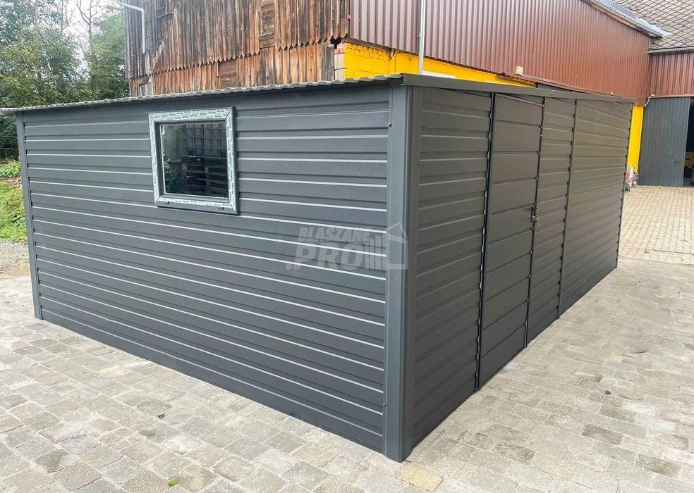 Garaż blaszany 4x6m Brama uchylna okno antracyt dach spad w tył GP480