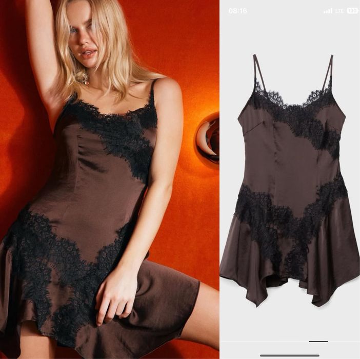 Сатинова шовкова шоколадна коричева сукня Stradivarius з мереживом