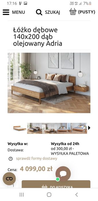 Łóżko dębowe firmy Zych Meble model Adria ze stelażem materac 140cmx20