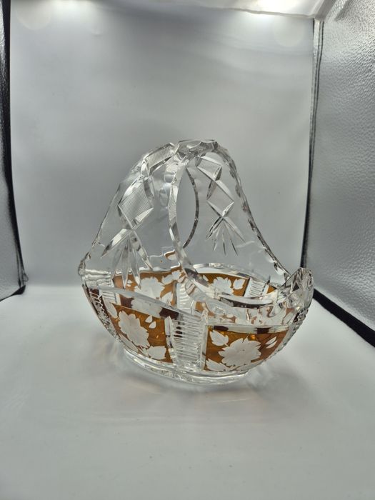 Koszyk kryształowy PRL Bohemia ręcznie szlifowany złocony