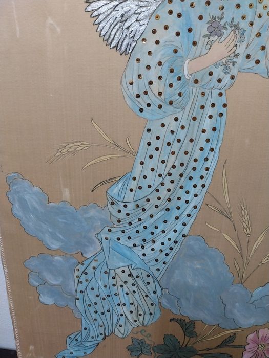 Pintura de Anjo e cálice sobre seda