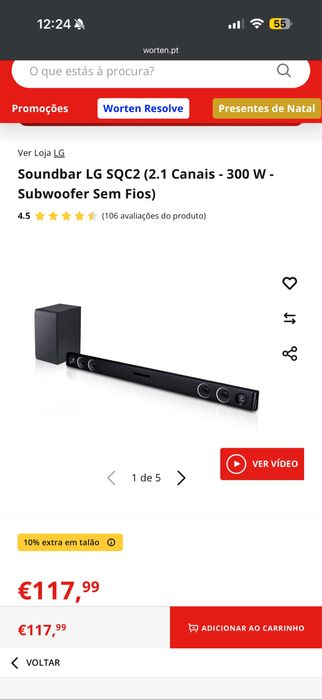 Soundbar LG SQC2 (2.1 Canais - 300 W - Subwoofer Sem Fios)