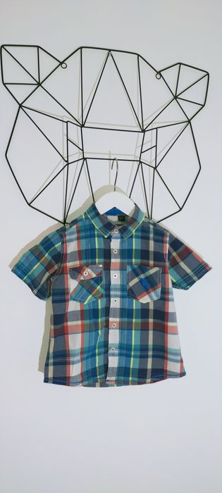 Koszula elegancka krótki rękaw kolorowa w kratę 92 98 niebieska zielon