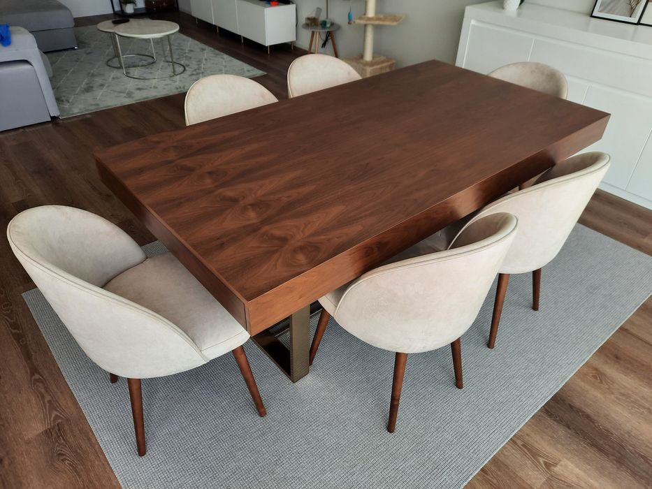 Mesa Jantar Nogueira + Base Inox Dourado - Extensível