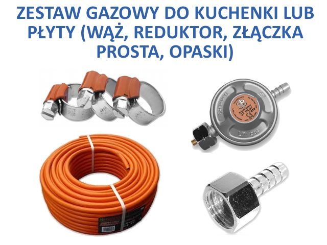 Wąż do gazu 2m, reduktor PB, opaski, nypel/kolanko