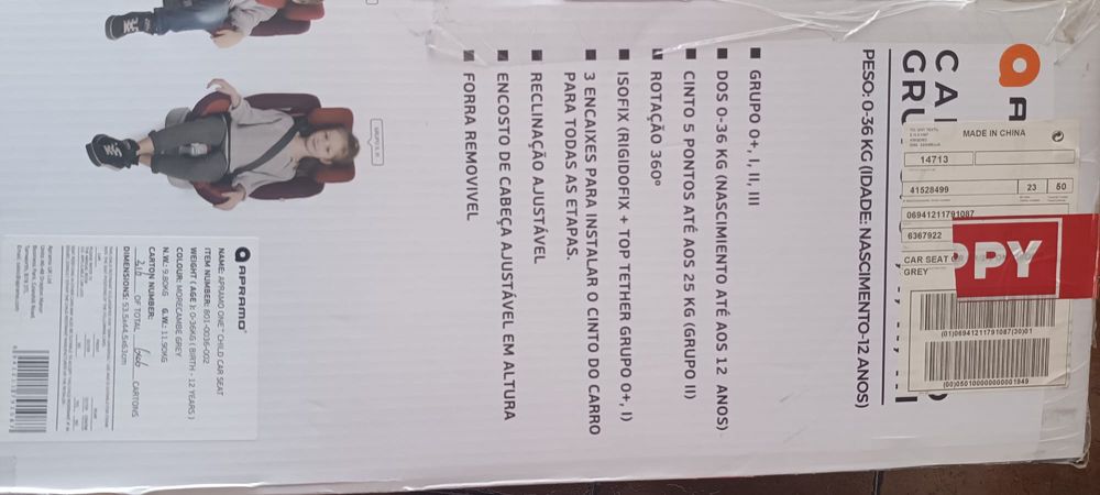 Cadeira para carro marca Apramo 0 - 36 kilos