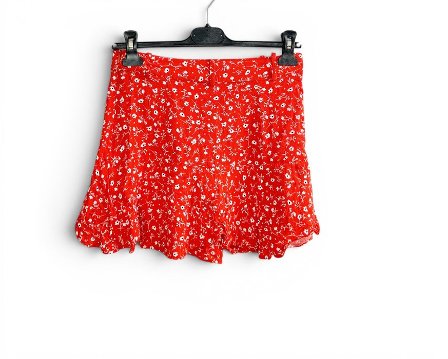 Spódnica czerwona mini w kwiaty falbana S