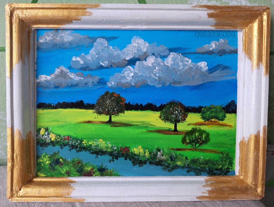 Картини акрилом "Затишок", "Ставочок","Гортензії ","Погляд в майбутнє"