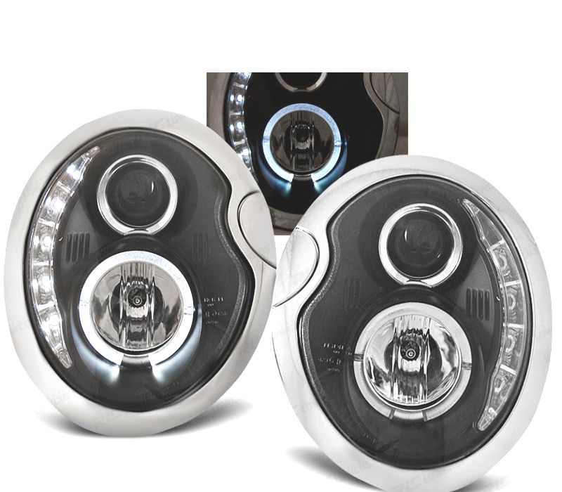 CONJUNTO DE FARÓIS MINI COOPER R50 R52 R53 DAYLIGHT LED PRETOS CROMADOS