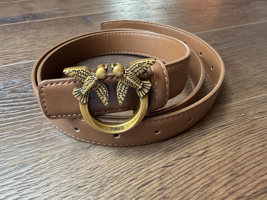 Pasek Pinko brązowy złota klamra 110 cm