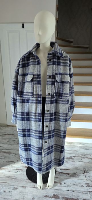H&M, szaro niebieski płaszcz koszulowy oversize, kocykowy, w kratkę M