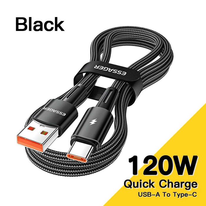 Кабель Швидка зарядка Xiaomi, Redmi Poco Super Fast Charge Essager USB - Type-C 120W 6A 1м, передача даних / зарядка, підвищеної міцності, чорний