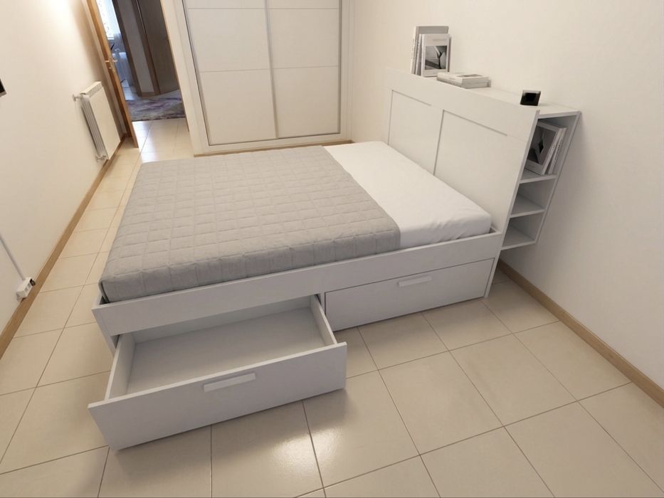 Cama de Casal 160x200 cm com Cabeceira com Prateleiras dos 2 Lados