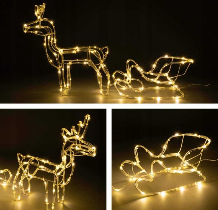 Świąteczna dekoracja LED Renifer z saniami 120 cm, ciepłe światło