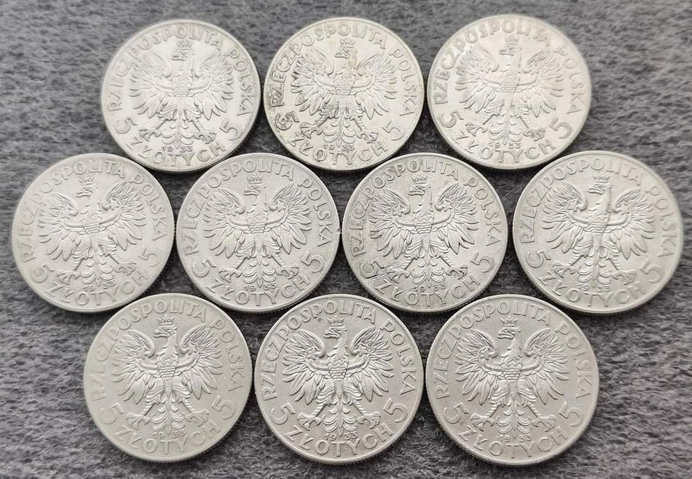 5 злотих 1933 року. 10 штук. Срібло. Один лот. Відміна якість" Полонія