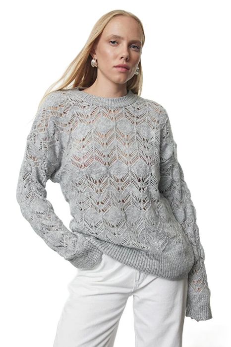 Trendyol sweter damski szary ażurowy z długim rękawem m 5ea
