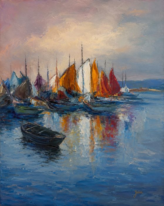 Pintura - Jusa (século XX) - Barcos (assinada)