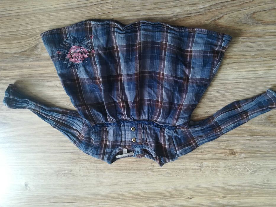 Urocza Granatowa tuniczka w brązowa kratkę i z haftem, Kappahl, 74