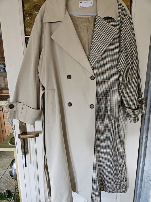 Płaszcz rozm. 42  beżowy z kratą , długi i nowy