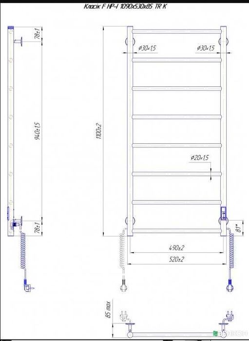 Електросушарка для рушників Mario Класік F НР-I 1090х530/75 TR K чорна