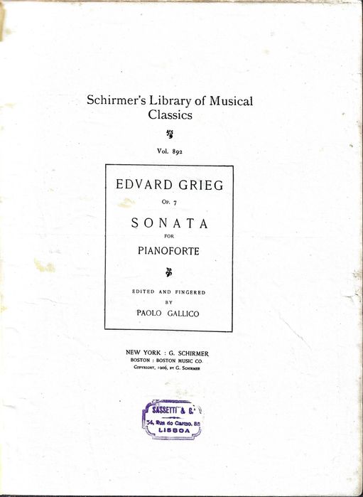 Grieg - Sonata para piano op.7 - Ed Schrimer's - Ano 1906 (Partitura)