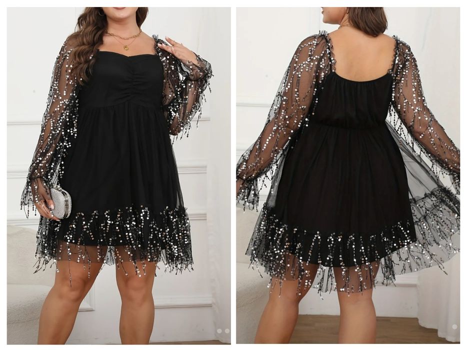 Czarna sukienka tiulowa ze srebrnymi cekinowymi frędzlami 42-44