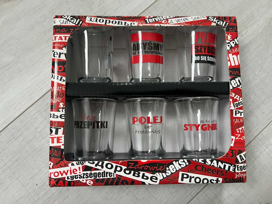 Komplet kieliszków imprezowych z toastami, 6 sztuk, nowe, 35 ml