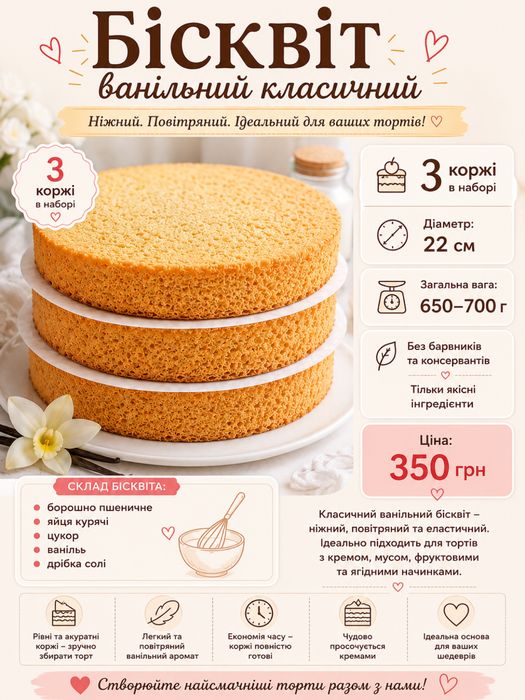 Готові коржі для торта бісквіти класичні медовик