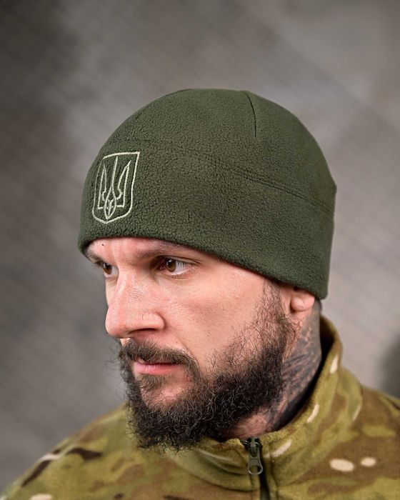 Тепла тактична флісова шапка з гербом України Олива  Без передоплати