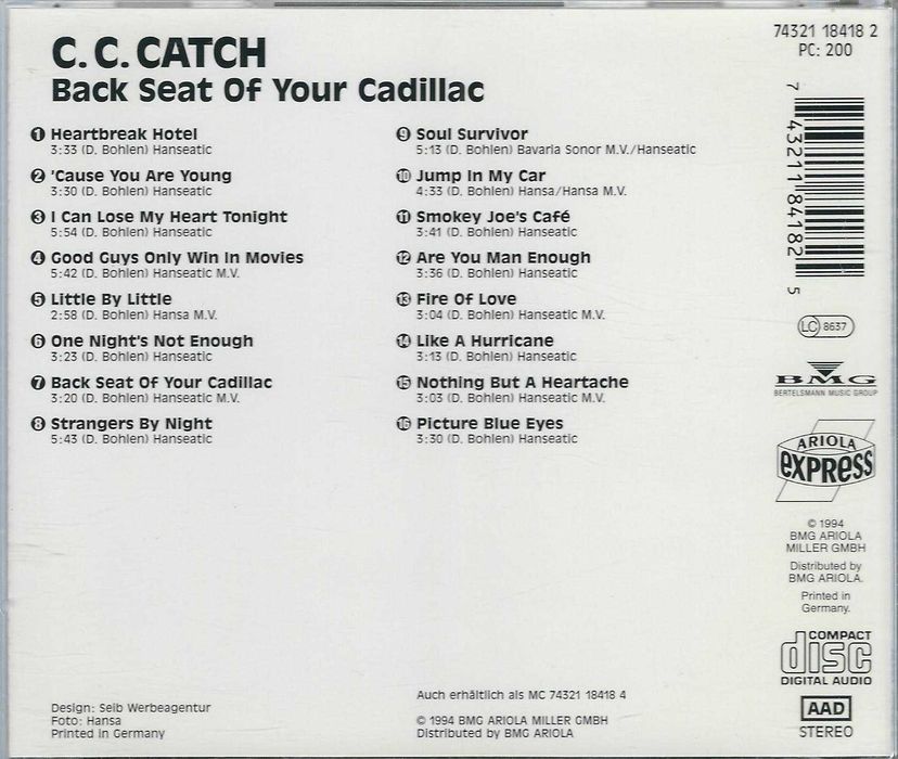 CD C.C. Catch - Back Seat Of Your Cadillac (1994) (Ariola Express)