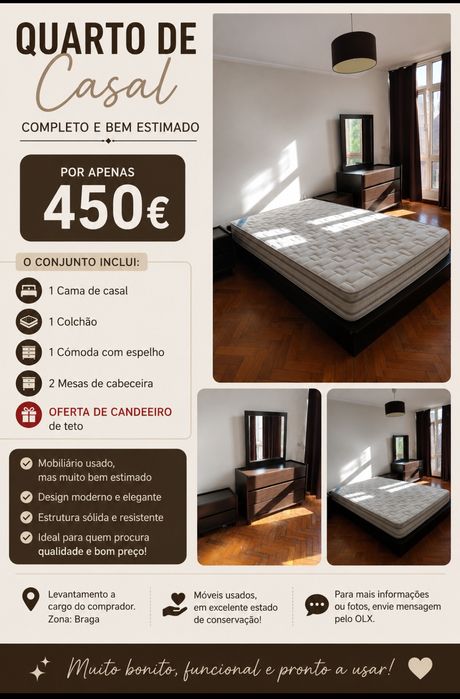 Quarto de Casal Completo c/ Colchão + candeeiro oferta. 450€