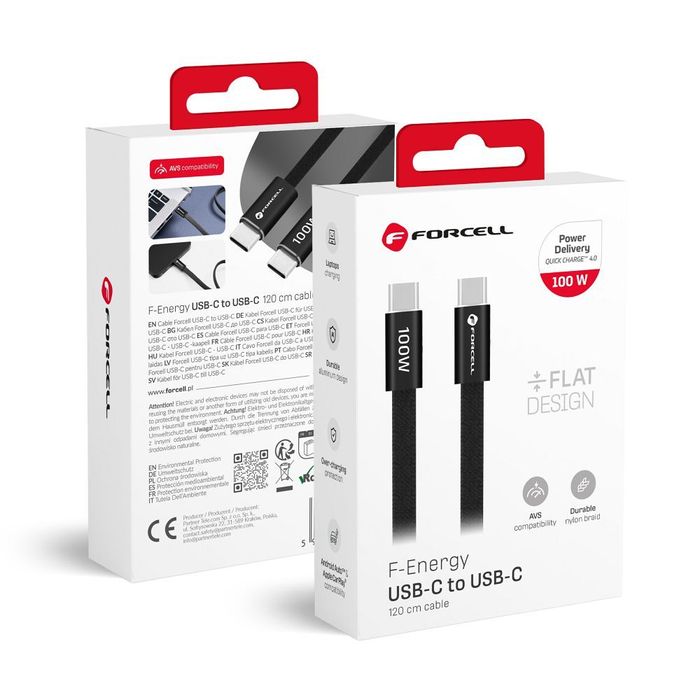 Kabel USB C do USB C Forcell F-Energy QC4.0 PD 5A 100W Cafule Flat 1,2 m CCFN23 czarny