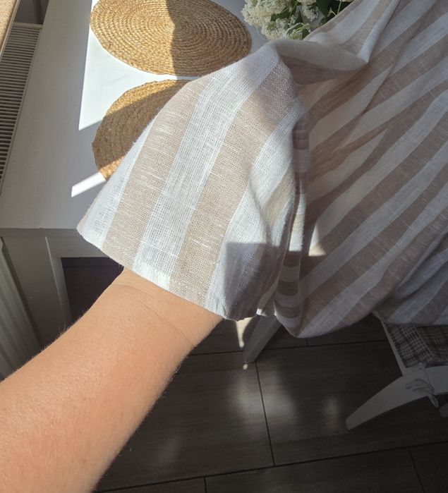 Spódnica lniana H&M beżowa r.46 w paski letnia boho