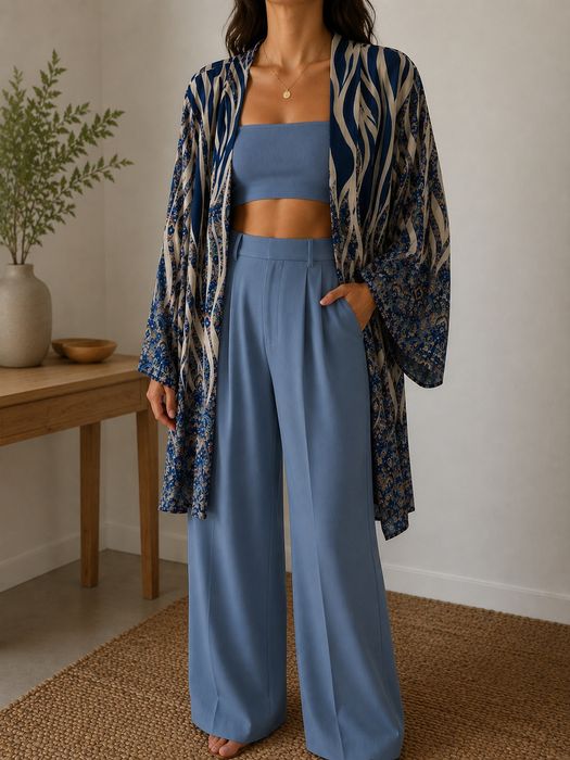 Kimono Étnico/Zebra Azul e Creme – Made in Italy - Tamanho Único - Novo!