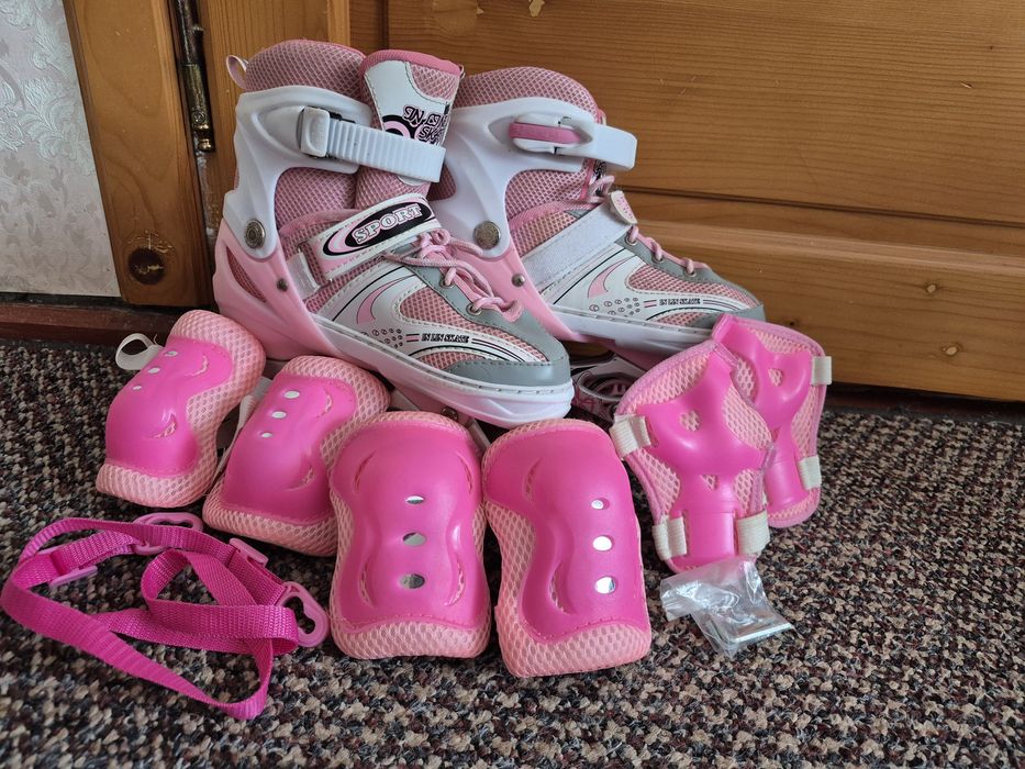 Дитячі ролики з комплектом захисту, рожеві роликові ковзани 34-38.