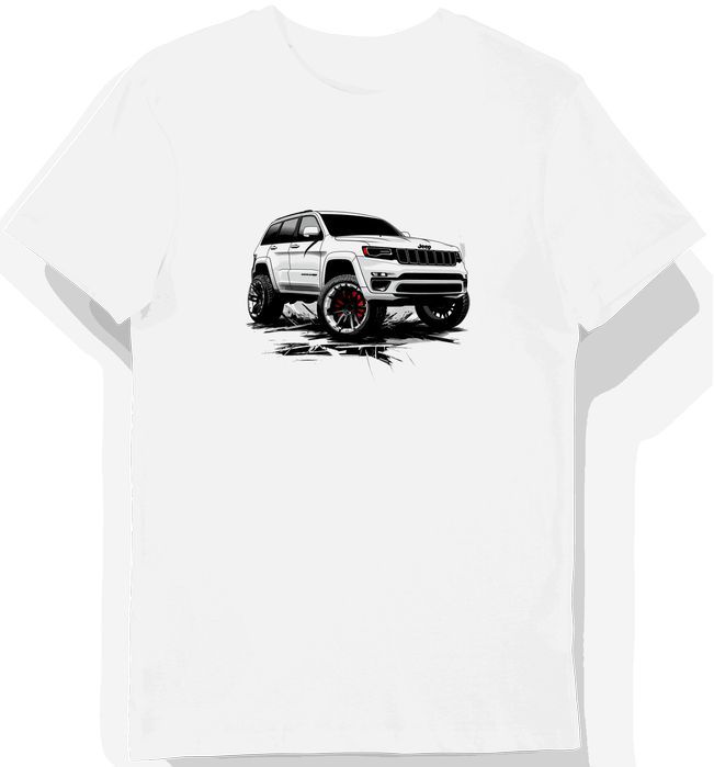 Koszulka męska biała z Jeepem Grand Cherokee w dynamicznym stylu 3XL