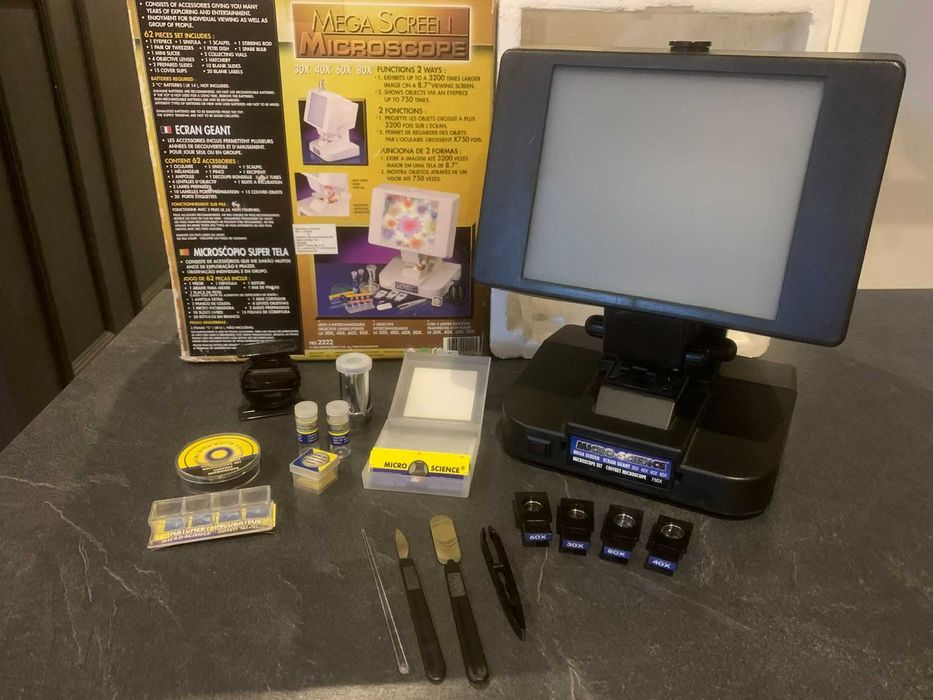 Mikroskop Mega Screen + pełny zestaw akcesoriów (30x–80x)