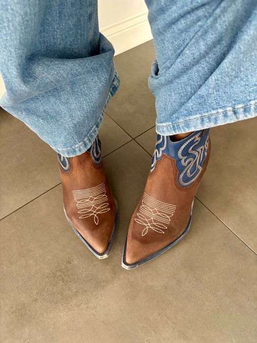 Ralph Harrison skórzane kowbojki western boho 39 camel niebieskie