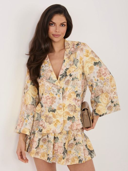 Żółta Marynarka Damska Kwiaty Elegancka Rękaw 3/4 Szerokie Rękawy Żakiet Italy Moda