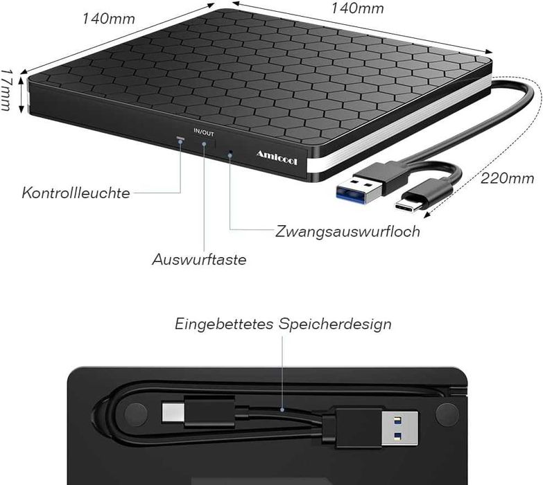 Zewnętrzny napęd DVD USB 3.0 Usb C, przenośny nagrywarka CD DVD 305
